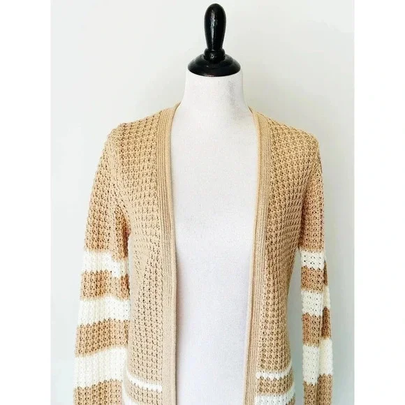 Striped Long Cardigan with Pockets Tan and Cream Size S - Picture 3 of 7